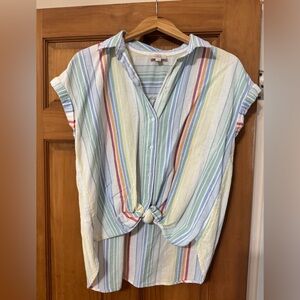 Striped Button-Front Tie Hem Top